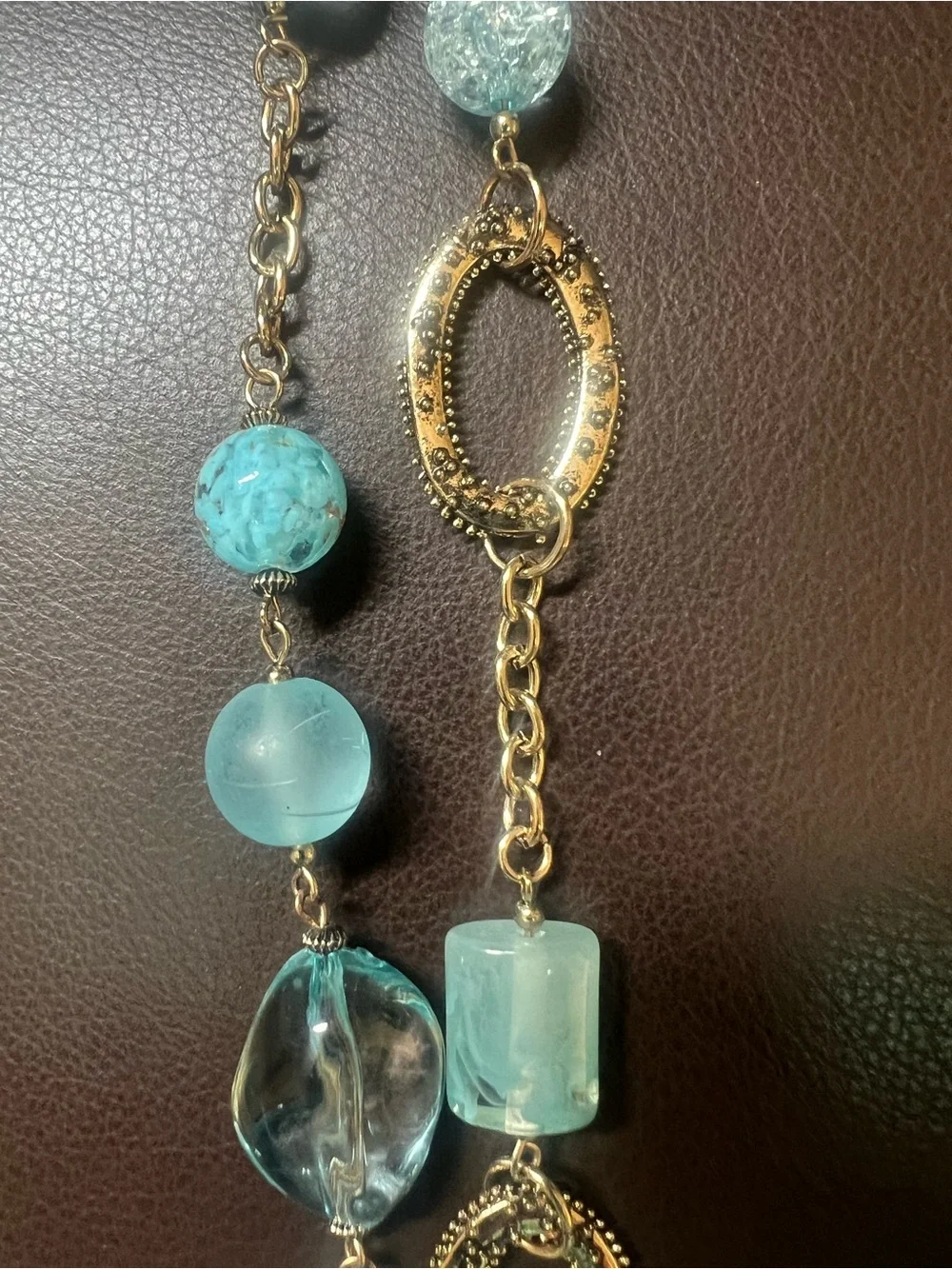 Erica Lyons Necklace Multi-layered Gold-Tone Chain with Blue Aqua Beads 36”
